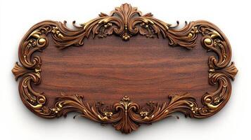 Wooden frame with gold ornament on white background photo