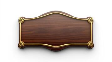 Wooden plaque with gold trim on white background photo