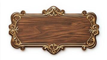 Wooden plaque with ornate design on white background photo