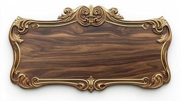 Wooden plaque with gold frame on white background photo