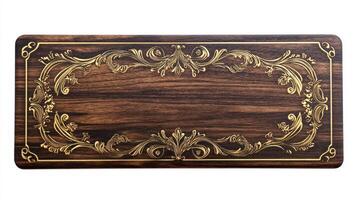A wooden cutting board with gold and black design photo