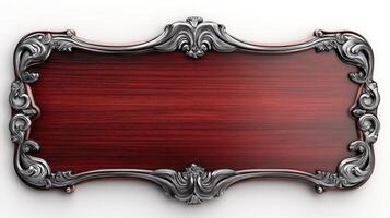 A red wooden plaque with silver trim on a white background photo