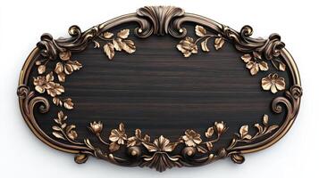 An ornate wooden plaque with flowers on it photo
