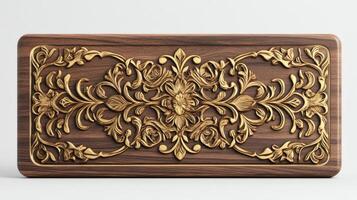 A wooden laptop case with gold design photo