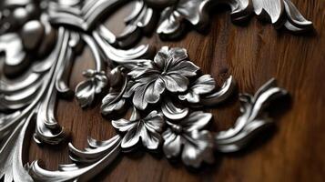 A decorative metal flower on a wooden surface photo