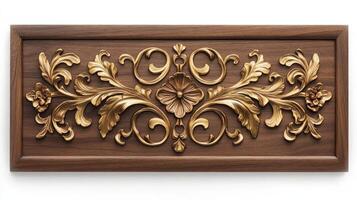 A wooden plaque with gold floral designs photo