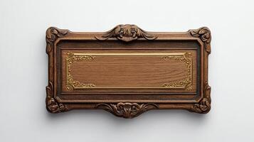 An old wooden plaque on a white wall photo