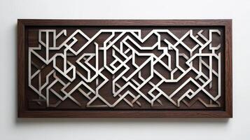 A wooden frame with a metal design on it photo