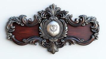 A decorative plaque with a silver medallion on it photo