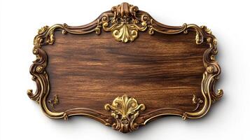 An old wooden plaque with gold trim photo