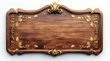 Wooden plaque with gold leaf decoration on white background photo