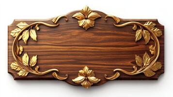 A wooden plaque with gold leaves and flowers photo