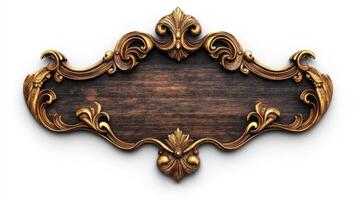 An ornate wooden sign with gold trim photo