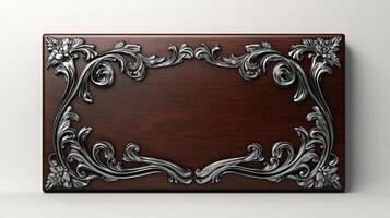 A wooden plaque with silver and gold designs photo