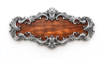 An ornate wooden plaque with silver trim photo