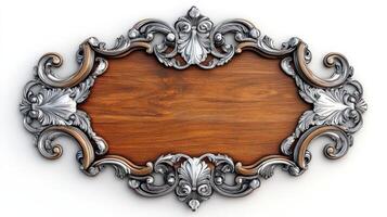An ornate wooden plaque with a silver frame photo
