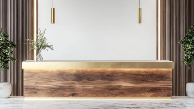 A modern reception desk with gold accents photo
