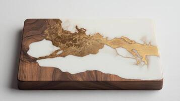 A wooden box with gold and white marble photo
