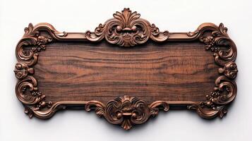 Wooden frame with ornate design on white background photo