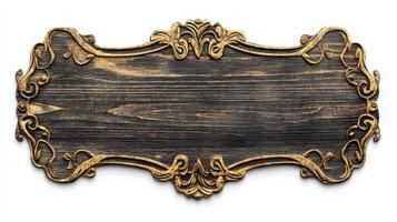 An old wooden sign with gold trim on a white background photo