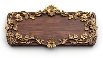 A wooden plaque with gold leaf and flowers photo