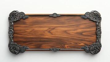 Wooden tray with ornate design on white background photo