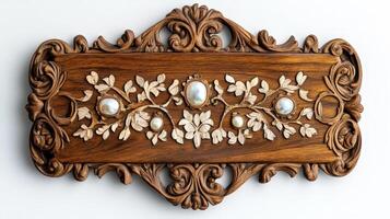 A wooden plaque with pearls and flowers photo
