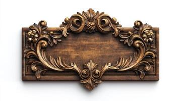 An ornate wooden plaque with a floral design photo