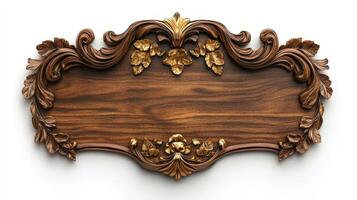 Wooden frame with gold leaf and floral decoration on white background photo
