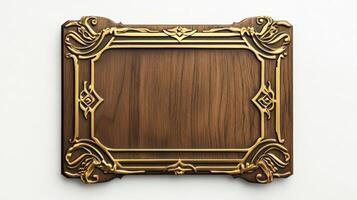 Wooden frame with gold ornament on white background photo