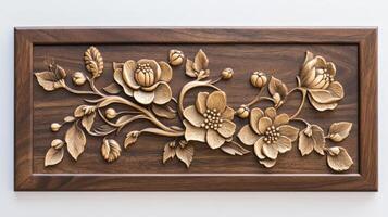 A wooden plaque with flowers and leaves photo