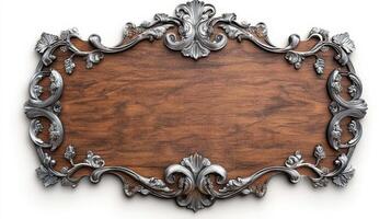 An ornate wooden plaque with silver accents photo