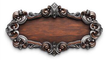 An ornate wooden frame with silver and gold details photo