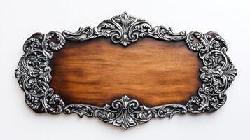 An ornate wooden plaque on a white background photo