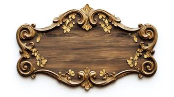 An ornate wooden plaque with gold leafs photo