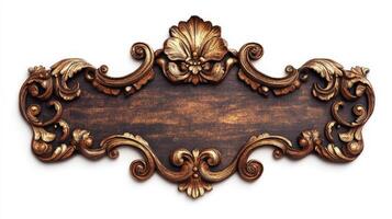 An ornate wooden sign with gold leafs and flowers photo