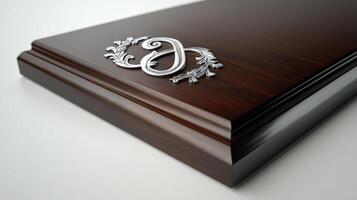 A wooden casket with a silver monogram on it photo