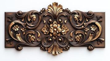 A decorative wood panel with gold flowers photo