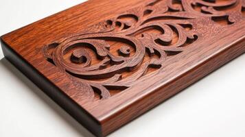 A wooden box with intricate designs on it photo