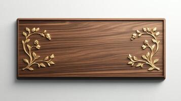 Wooden plaque with gold leaves and flowers on it photo
