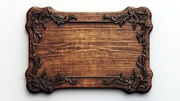 Wooden frame with ornate design on white background photo