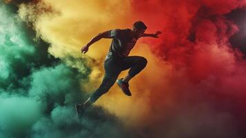 A man is jumping through smoke in a colorful background photo
