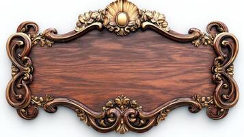 An ornate wooden sign with gold accents photo