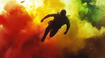 A man in a black suit is running through a rainbow colored smoke photo