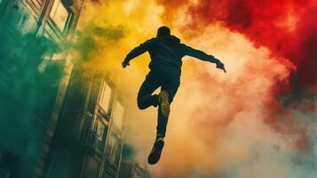 A man is jumping in the air with smoke coming out of his mouth photo