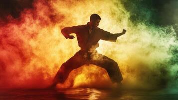 A man in a karate stance with smoke coming out of his mouth photo
