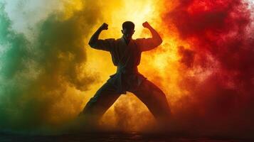 A man in karate stance with smoke coming out of his mouth photo