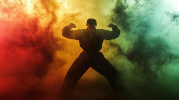 A man in a karate stance with smoke coming out of his hands photo
