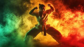 A man in a karate stance with smoke coming out of his mouth photo
