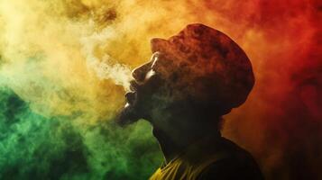 A man with a hat smoking a cigarette in a smoke cloud photo